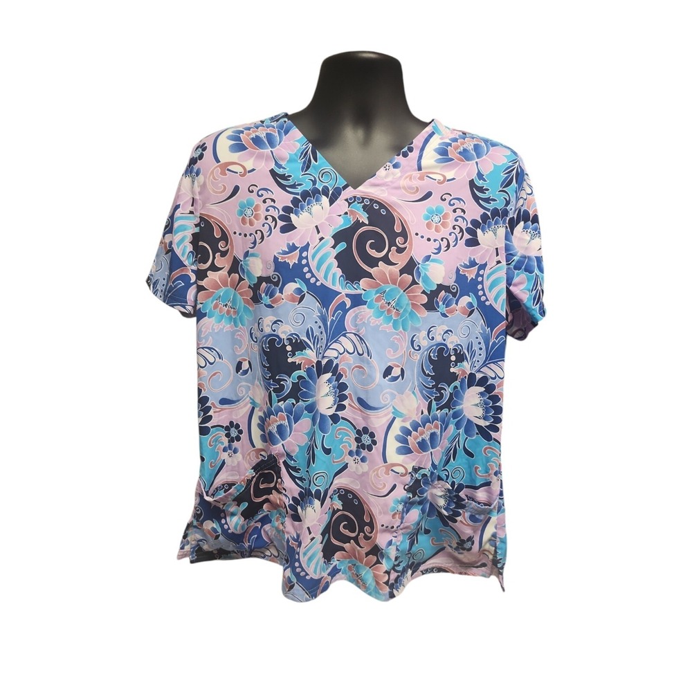 Butter Soft Womens Scrub‎ Pink Short Sleeve Size L Floral Print Pockets